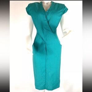 Vintage 80s Scarlett Sheath Dress Cross Front Teal Woven Textile 3/4 USA Union